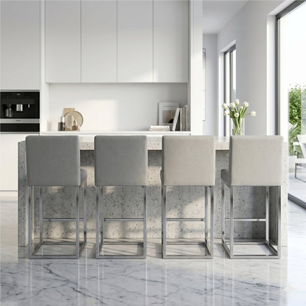 English Elm 25.6 Inch Counter Stools Set of 4 PU Upholstered Modern Metal Seating for Kitchen Island Grey+Silver W2920S00170