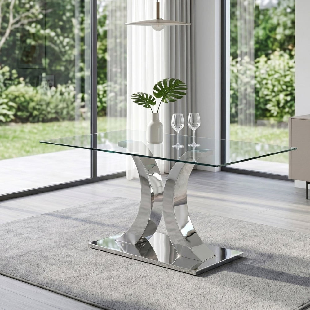 English Elm Modern Tempered Glass Rectangular Dining Table with Polished Stainless Steel Pedestal Seats 8 W2920S00171