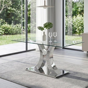 English Elm Modern Tempered Glass Rectangular Dining Table with Polished Stainless Steel Pedestal Seats 8 W2920S00171
