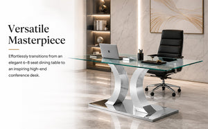 English Elm Modern Tempered Glass Rectangular Dining Table with Polished Stainless Steel Pedestal Seats 8 W2920S00171