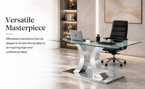 English Elm Modern Tempered Glass Rectangular Dining Table with Polished Stainless Steel Pedestal Seats 8 W2920S00171