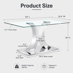 English Elm Modern Tempered Glass Rectangular Dining Table with Polished Stainless Steel Pedestal Seats 8 W2920S00171