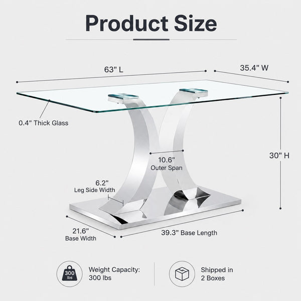 English Elm Modern Tempered Glass Rectangular Dining Table with Polished Stainless Steel Pedestal Seats 8 W2920S00171