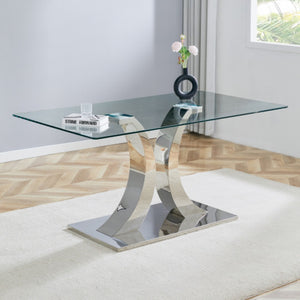 English Elm Modern Tempered Glass Rectangular Dining Table with Polished Stainless Steel Pedestal Seats 8 W2920S00171
