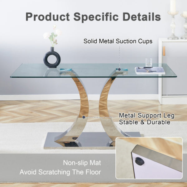 English Elm Modern Tempered Glass Rectangular Dining Table with Polished Stainless Steel Pedestal Seats 8 W2920S00171