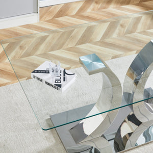 English Elm Modern Tempered Glass Rectangular Dining Table with Polished Stainless Steel Pedestal Seats 8 W2920S00171