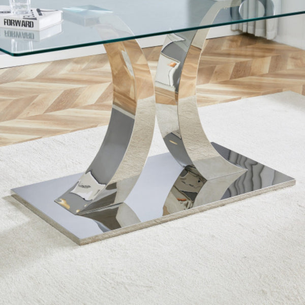English Elm Modern Tempered Glass Rectangular Dining Table with Polished Stainless Steel Pedestal Seats 8 W2920S00171