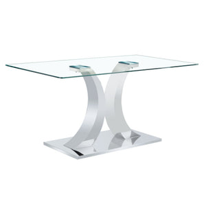 English Elm Modern Tempered Glass Rectangular Dining Table with Polished Stainless Steel Pedestal Seats 8 W2920S00171