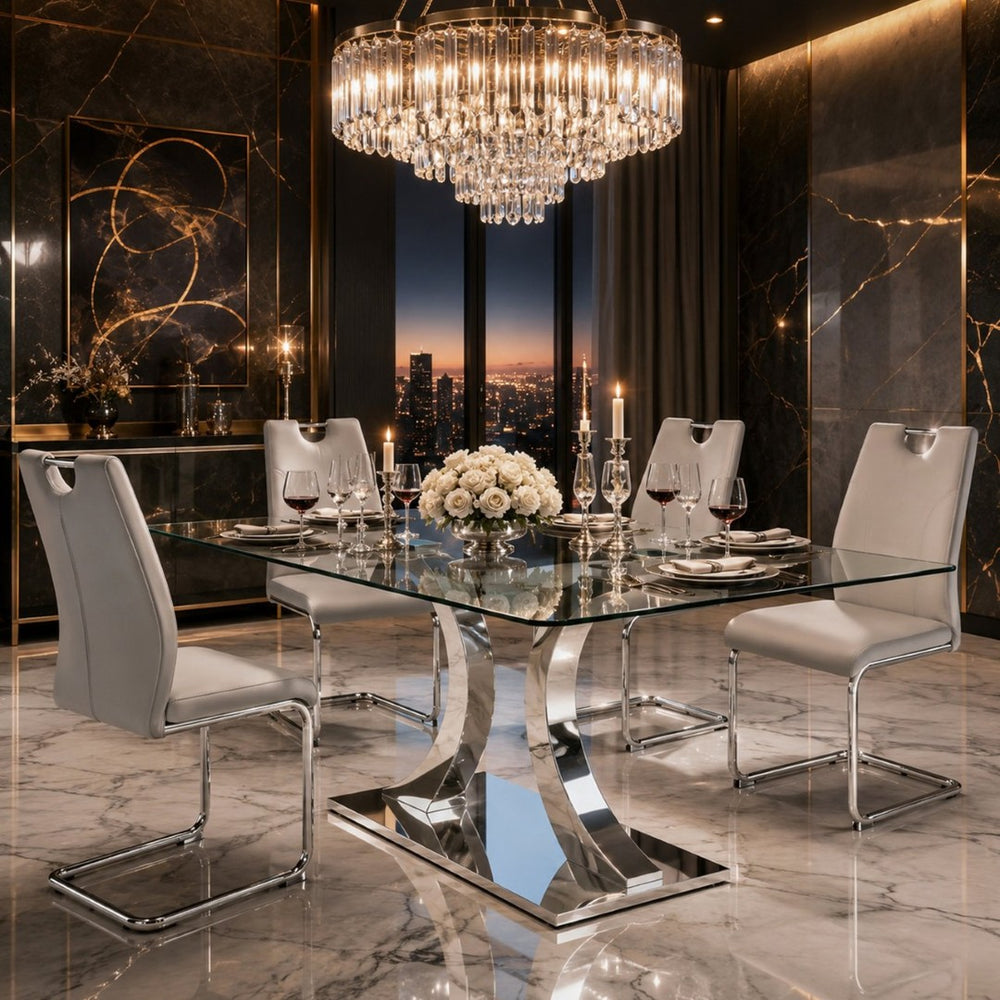 English Elm Modern Tempered Glass Rectangular Dining Table with Polished Stainless Steel Pedestal Seats 8 W2920S00171