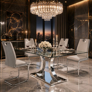 English Elm Modern Tempered Glass Rectangular Dining Table with Polished Stainless Steel Pedestal Seats 8 W2920S00171