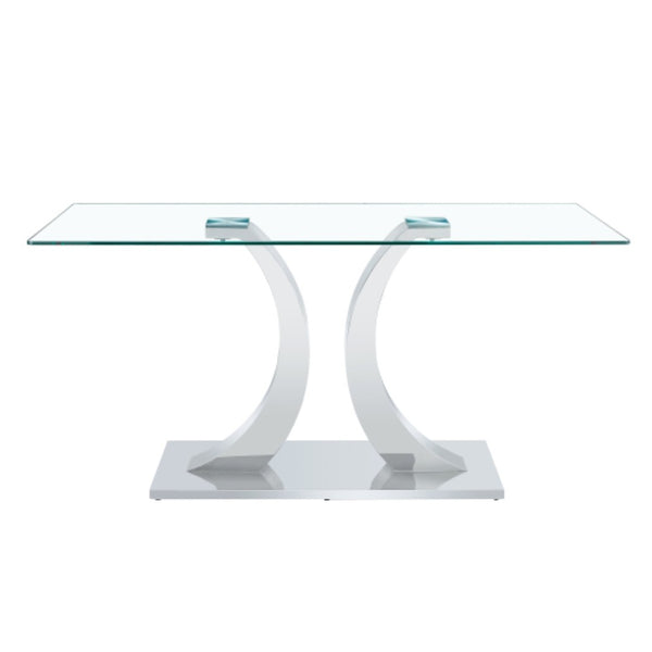 English Elm Modern Tempered Glass Rectangular Dining Table with Polished Stainless Steel Pedestal Seats 8 W2920S00171