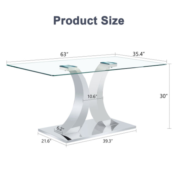 English Elm Modern Tempered Glass Rectangular Dining Table with Polished Stainless Steel Pedestal Seats 8 W2920S00171