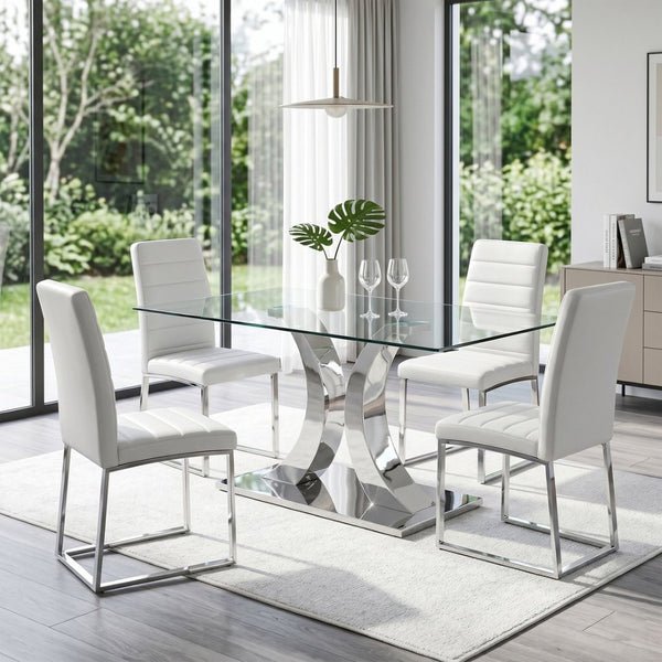 English Elm Modern Tempered Glass Rectangular Dining Table with Polished Stainless Steel Pedestal Seats 8 W2920S00171