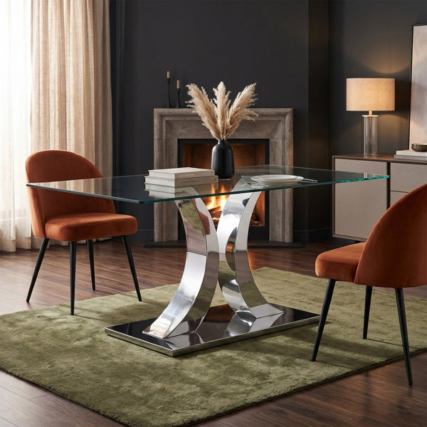 English Elm Modern Tempered Glass Rectangular Dining Table with Polished Stainless Steel Pedestal Seats 8 W2920S00171