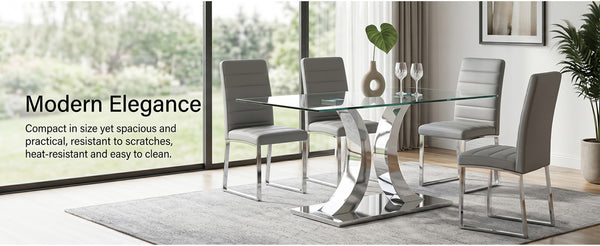 English Elm Modern Tempered Glass Rectangular Dining Table with Polished Stainless Steel Pedestal Seats 8 W2920S00171