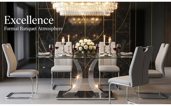 English Elm Modern Tempered Glass Rectangular Dining Table with Polished Stainless Steel Pedestal Seats 8 W2920S00171
