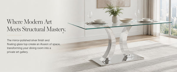 English Elm Modern Tempered Glass Rectangular Dining Table with Polished Stainless Steel Pedestal Seats 8 W2920S00171