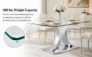 English Elm Modern Tempered Glass Rectangular Dining Table with Polished Stainless Steel Pedestal Seats 8 W2920S00171