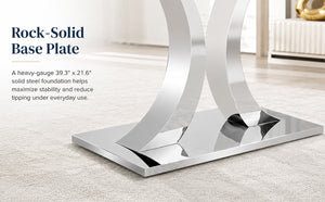 English Elm Modern Tempered Glass Rectangular Dining Table with Polished Stainless Steel Pedestal Seats 8 W2920S00171