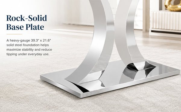 English Elm Modern Tempered Glass Rectangular Dining Table with Polished Stainless Steel Pedestal Seats 8 W2920S00171