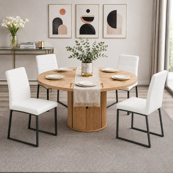 English Elm 4piece Round Pedestal Dining Set with Fluted Column Base Pu Cushioned Chairs Black, White, Wood W2920S00172