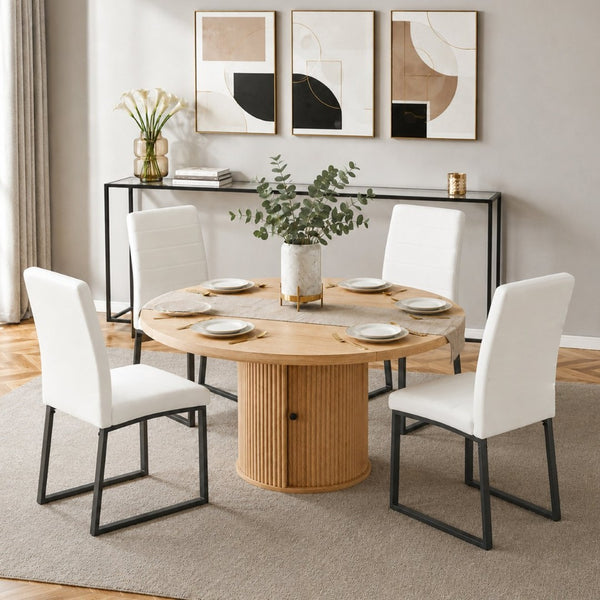 English Elm 4piece Round Pedestal Dining Set with Fluted Column Base Pu Cushioned Chairs Black, White, Wood W2920S00172