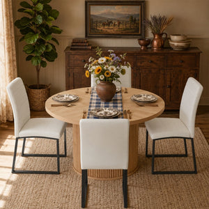 English Elm 4piece Round Pedestal Dining Set with Fluted Column Base Pu Cushioned Chairs Black, White, Wood W2920S00172