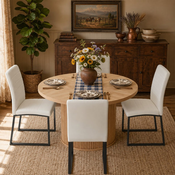 English Elm 4piece Round Pedestal Dining Set with Fluted Column Base Pu Cushioned Chairs Black, White, Wood W2920S00172