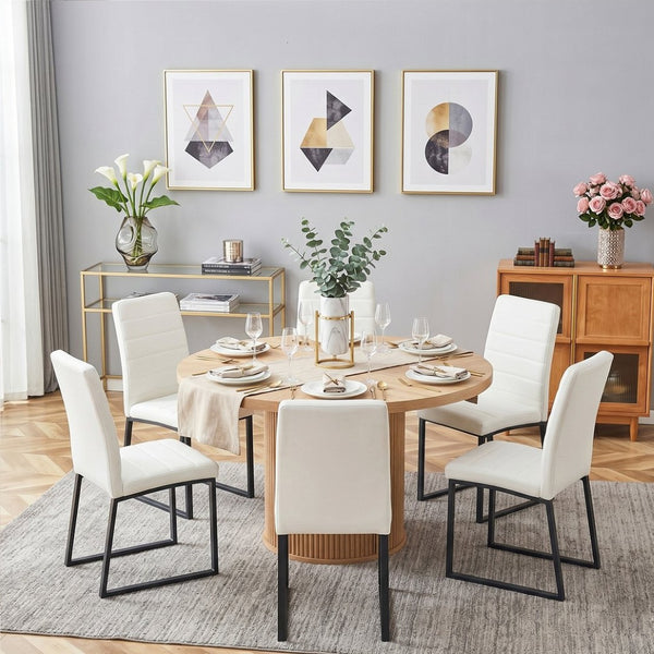English Elm 6piece Round Pedestal Dining Set with Roman Column Base Pu Padded Chairs Storage Shelf Black, White, Wood W2920S00173