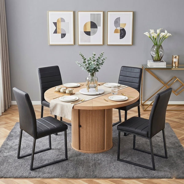 English Elm 4piece Round Pedestal Dining Set with Fluted Column Base Pu Cushioned Chairs Black, Wood W2920S00174