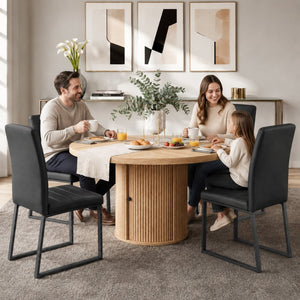 English Elm 4piece Round Pedestal Dining Set with Fluted Column Base Pu Cushioned Chairs Black, Wood W2920S00174