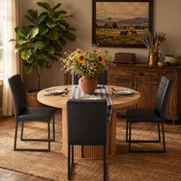 English Elm 4piece Round Pedestal Dining Set with Fluted Column Base Pu Cushioned Chairs Black, Wood W2920S00174