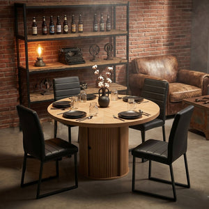 English Elm 4piece Round Pedestal Dining Set with Fluted Column Base Pu Cushioned Chairs Black, Wood W2920S00174
