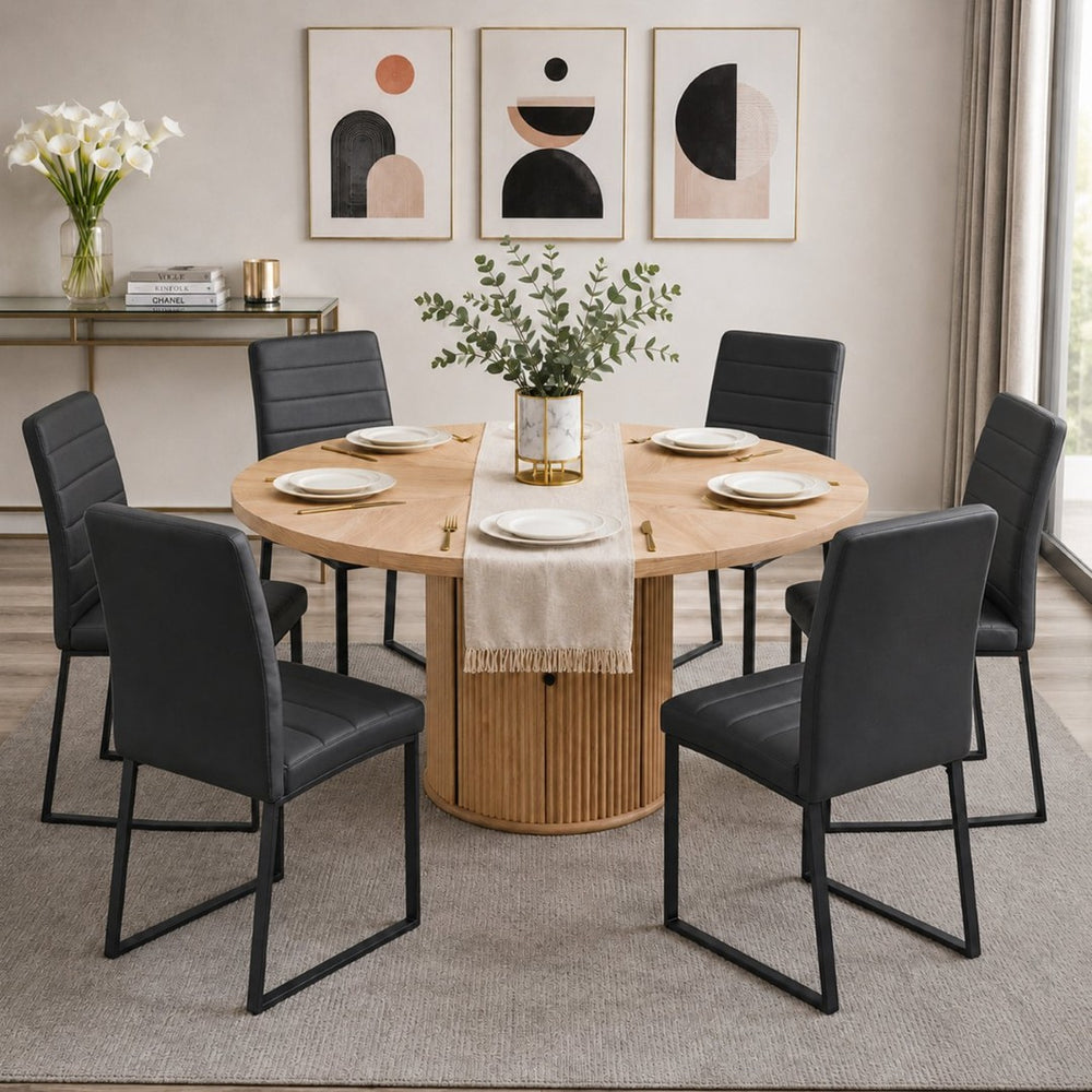English Elm 6piece Round Pedestal Dining Set with Roman Column Base Pu Padded Chairs Storage Shelf Black, Wood W2920S00175