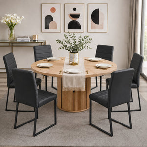 English Elm 6piece Round Pedestal Dining Set with Roman Column Base Pu Padded Chairs Storage Shelf Black, Wood W2920S00175