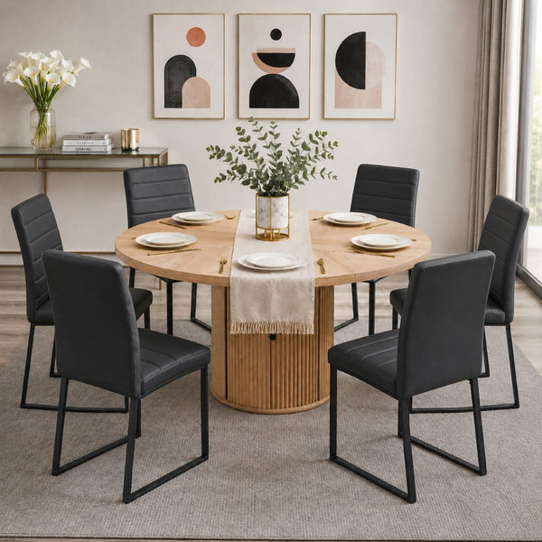 English Elm 6piece Round Pedestal Dining Set with Roman Column Base Pu Padded Chairs Storage Shelf Black, Wood W2920S00175