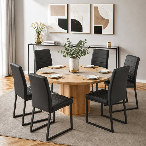 English Elm 6piece Round Pedestal Dining Set with Roman Column Base Pu Padded Chairs Storage Shelf Black, Wood W2920S00175