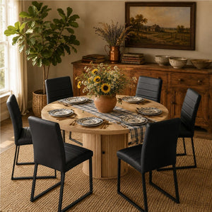 English Elm 6piece Round Pedestal Dining Set with Roman Column Base Pu Padded Chairs Storage Shelf Black, Wood W2920S00175