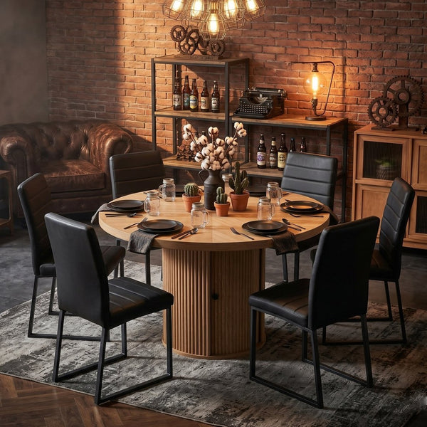 English Elm 6piece Round Pedestal Dining Set with Roman Column Base Pu Padded Chairs Storage Shelf Black, Wood W2920S00175
