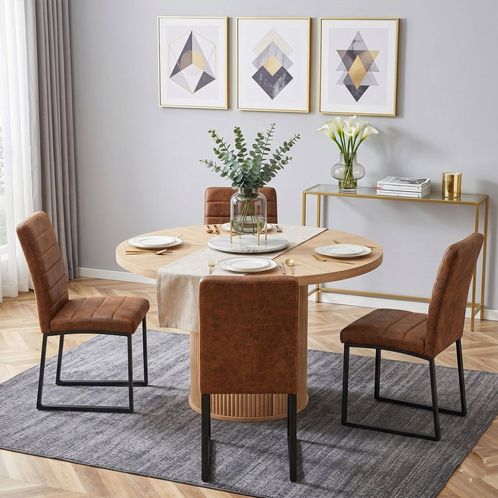 English Elm 4piece Suede Padded Dining Set with Fluted Pedestal Round Table and Lower Storage Shelf W2920S00176