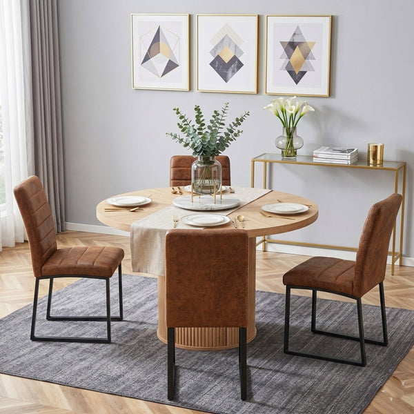 English Elm 4piece Suede Padded Dining Set with Fluted Pedestal Round Table and Lower Storage Shelf W2920S00176