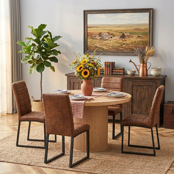 English Elm 4piece Suede Padded Dining Set with Fluted Pedestal Round Table and Lower Storage Shelf W2920S00176