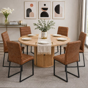 English Elm 6piece Round Pedestal Dining Set with Suede Chairs Fluted Column Base Seats Six W2920S00177