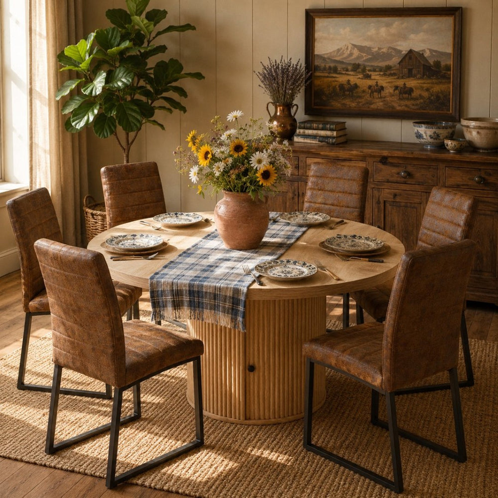 English Elm 6piece Round Pedestal Dining Set with Suede Chairs Fluted Column Base Seats Six W2920S00177
