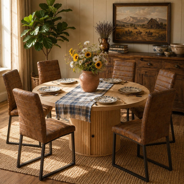 English Elm 6piece Round Pedestal Dining Set with Suede Chairs Fluted Column Base Seats Six W2920S00177