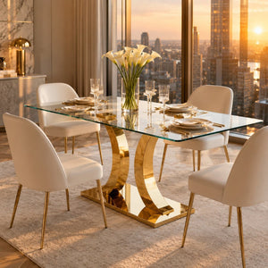 English Elm Modern Rectangular Tempered Glass Dining Table with Gold Stainless Steel Sculptural Base Seats 8 W2920S00178