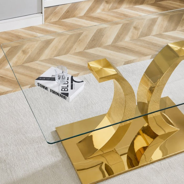 English Elm Modern Rectangular Tempered Glass Dining Table with Gold Stainless Steel Sculptural Base Seats 8 W2920S00178