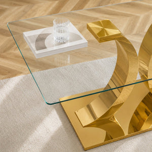 English Elm Modern Rectangular Tempered Glass Dining Table with Gold Stainless Steel Sculptural Base Seats 8 W2920S00178