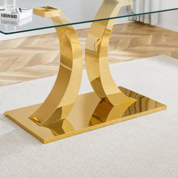 English Elm Modern Rectangular Tempered Glass Dining Table with Gold Stainless Steel Sculptural Base Seats 8 W2920S00178