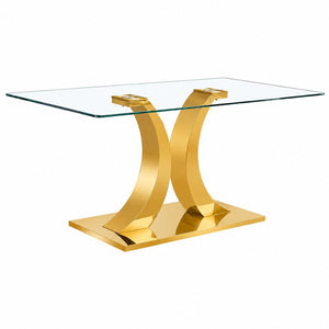 English Elm Modern Rectangular Tempered Glass Dining Table with Gold Stainless Steel Sculptural Base Seats 8 W2920S00178